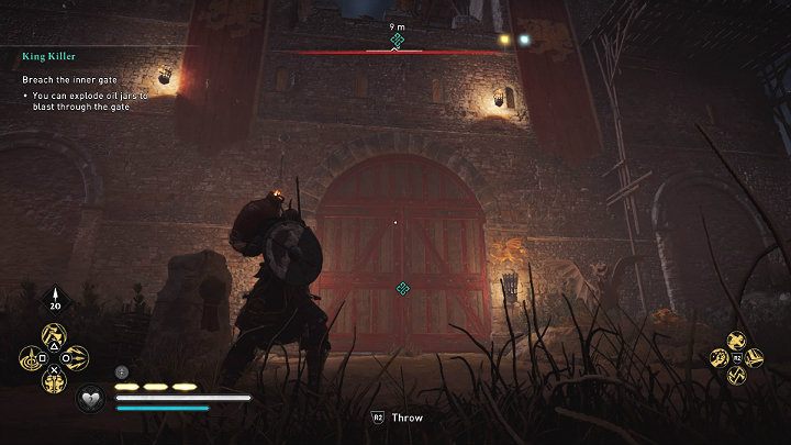 Place a jug of oil under the inner gate and blow it up or throw it directly into the obstacle to make a passage for your troops - Assassins Creed Valhalla: King Killer - walkthrough - Sciropescire - Assassins Creed Valhalla Guide