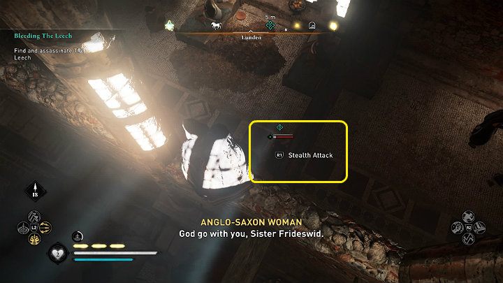 You can attack Sister Frideswid (THe Leech) from above and kill her with the hidden blade - Assassins Creed Valhalla: Bleeding the Leech - walkthrough - Lunden - Assassins Creed Valhalla Guide