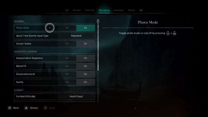 In the beginning, it is worth checking if the photo mode is active in the game options in the Gameplay tab - Assassins Creed Valhalla: Photo mode - how to use it? - Appendix - Assassins Creed Valhalla Guide