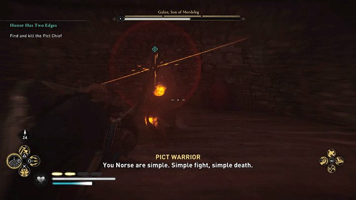 If you want to fight in the traditional way remember to avoid or block enemy attacks, which are indicated by a yellow rune flash Fortunately, the leader of the Picts is not that durable, so a few quick counter-attacks should be enough to defeat him - Assassins Creed Valhalla: Honor Has Two Edges - walkthrough - Eurvicscire - Assassins Creed Valhalla Guide