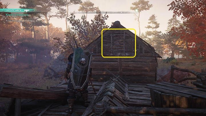 The main door is barricaded, but you can get into the building through the roof - Assassins Creed Valhalla: Road to Hamartia - walkthrough - Eurvicscire - Assassins Creed Valhalla Guide