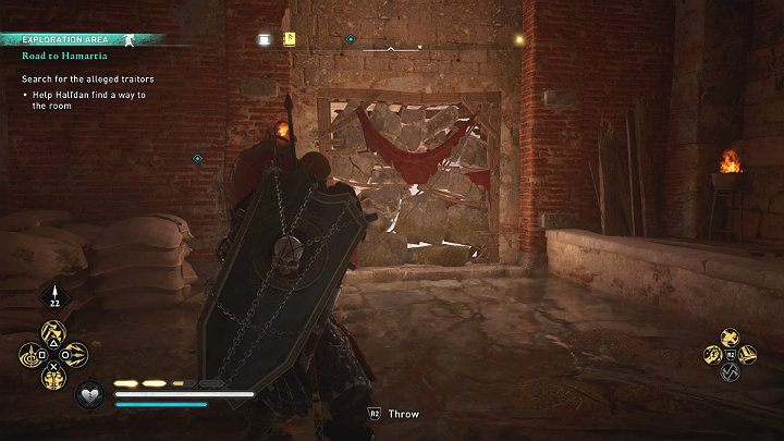 Take an oil jug (you will find it in the room to the right of the entrance) and break the boulders blocking the passage to this room so that Halfdan can join you - Assassins Creed Valhalla: Road to Hamartia - walkthrough - Eurvicscire - Assassins Creed Valhalla Guide