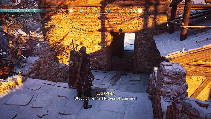 Enter the building opposite of the corpse and you will find Ljufvina - Assassins Creed Valhalla: The Welcoming Party - guide - Jorvik - Assassins Creed Valhalla Guide