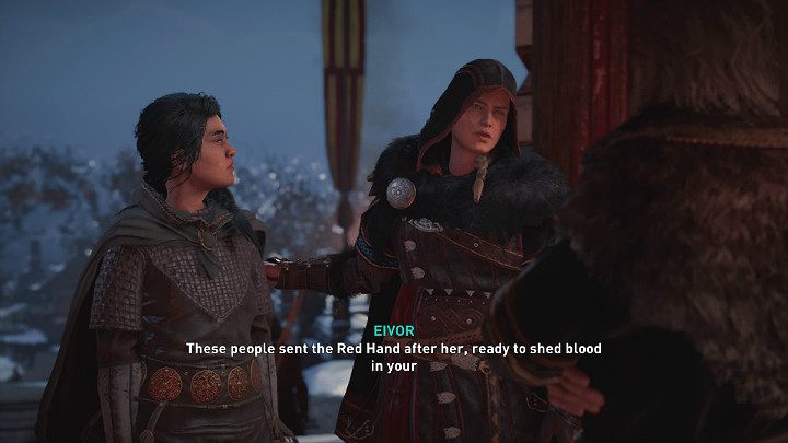 When you reach the royal residence, you will watch a cinematic interlude in which Eivor warns Hjorr about three people, traitorous and deadly, who are acting at the behest of the Order of the Ancients: The Needle, The Firebrand, and The Vault - Assassins Creed Valhalla: The Welcoming Party - guide - Jorvik - Assassins Creed Valhalla Guide
