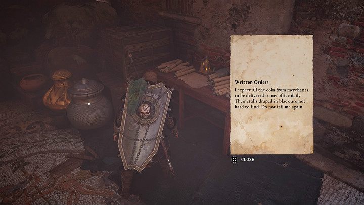In the main storeroom, you will find many requisitioned, highly valuable items, as well as a note stating that all of the money coming from the merchants is to be delivered to the exchange office daily - Assassins Creed Valhalla: Pricking The Needle - guide - Jorvik - Assassins Creed Valhalla Guide