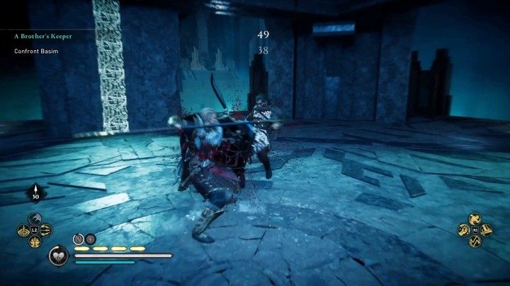 Basim will start the fight by attacking from above and will attempt to jump on Eivor from the upper level of the temple - Assassins Creed Valhalla: A Brothers Keeper - walkthrough - Hordafylke - Assassins Creed Valhalla Guide