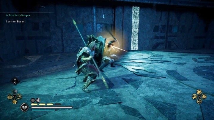 Most of Basim's attacks are indicated by a yellow rune flash - they can be avoided or parried - Assassins Creed Valhalla: A Brothers Keeper - walkthrough - Hordafylke - Assassins Creed Valhalla Guide