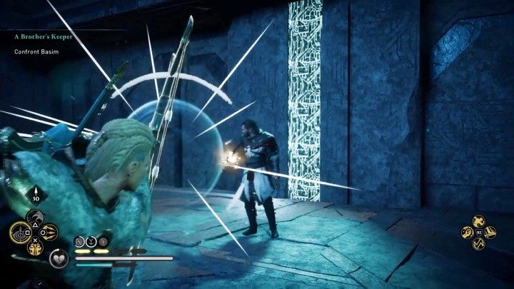 Continue fighting until the platform starts going down - at this point Basim will be able to block projectiles with his weapon (showcased in the above image), so it's a good idea to switch to melee combat - Assassins Creed Valhalla: A Brothers Keeper - walkthrough - Hordafylke - Assassins Creed Valhalla Guide