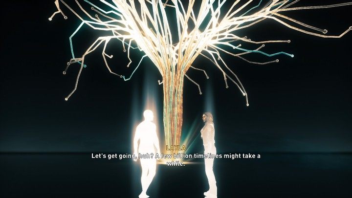Layla takes Basim's place in the simulation, where she meets the luminous character of The Reader, who has dedicated himself to exploring all possible futures that will allow him to stop the end of the world - Assassins Creed Valhalla: Modern Day Ending - Endings - Assassins Creed Valhalla Guide