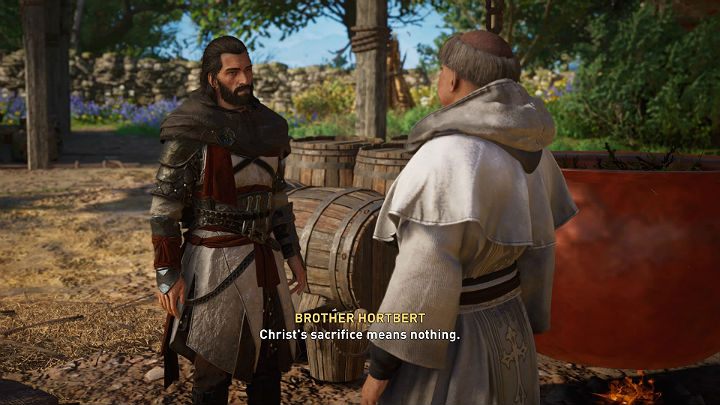 You will find Basima at the church talking with Brother Hortbert - Assassins Creed Valhalla: The Abbots Gambit - walkthrough - Cent - Assassins Creed Valhalla Guide