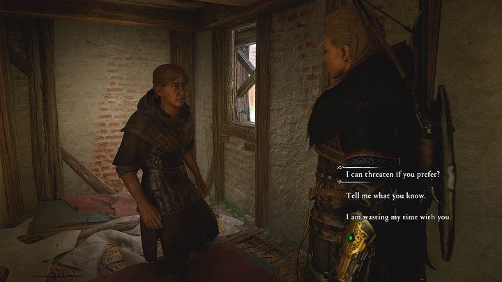 When talking to the man, threaten him and he will say everything he knows - Assassins Creed Valhalla: The Abbots Gambit - walkthrough - Cent - Assassins Creed Valhalla Guide