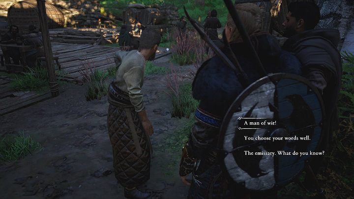 A man in grey clothes standing outside the tavern will give you additional information for free if you praise him a little - Assassins Creed Valhalla: The Abbots Gambit - walkthrough - Cent - Assassins Creed Valhalla Guide