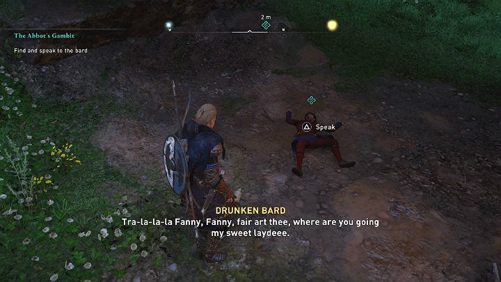 You will find the drunken bard exactly where he was last seen, under the bridge - Assassins Creed Valhalla: The Abbots Gambit - walkthrough - Cent - Assassins Creed Valhalla Guide