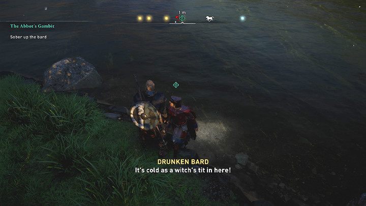 Pick up the man, then immerse him in the river, and he will sober up immediately - Assassins Creed Valhalla: The Abbots Gambit - walkthrough - Cent - Assassins Creed Valhalla Guide