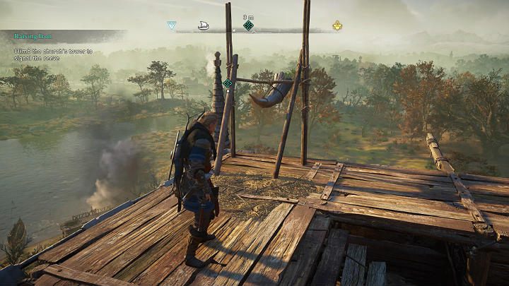 When the task is done, climb up to the church tower and blow into the battle horn to give the sheriff of Theotford a sign that you have kept your word - Assassins Creed Valhalla: A Raising Iron - walkthrough - Grantebridgescire - Assassins Creed Valhalla Guide