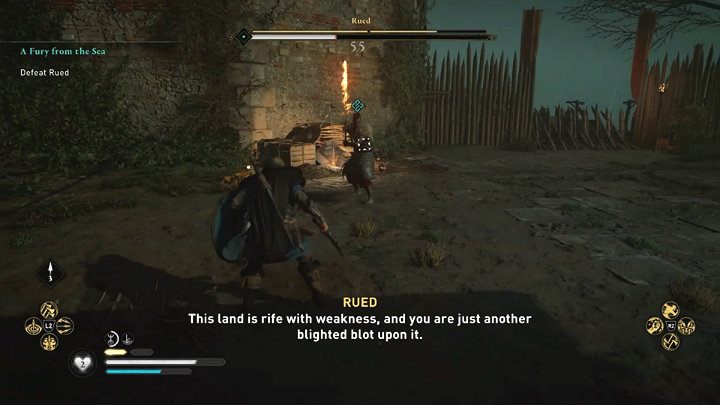 During the battle, Rued will additionally set his two-handed sword on fire to inflict increased damage - Assassins Creed Valhalla: Rued boss fight - how to win? - Bosses - Assassins Creed Valhalla Guide