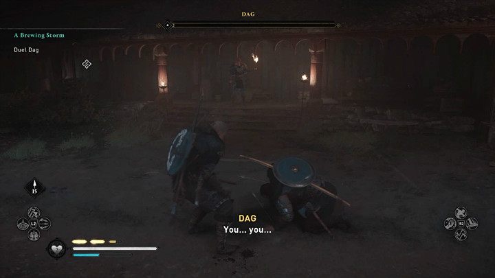 Avoid enemy attacks or block and use every opportunity to counter or keep your opponent at a distance and shoot him with the bow if you prefer this fighting style - Assassins Creed Valhalla: Dag boss fight - how to win? - Bosses - Assassins Creed Valhalla Guide