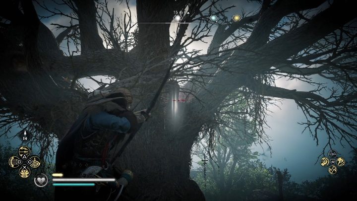 Location of the totem: in order to reach the totem, you must stand on the rock and aim between the giant branches - Assassins Creed Valhalla: Cursed symbol - Cent secrets, locations - Cent - Assassins Creed Valhalla Guide