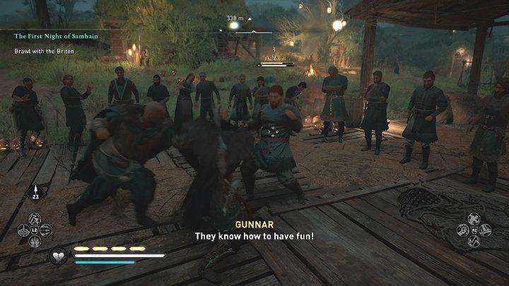 This dispute will not be resolved in a peaceful way, so there will be a rather uneven fight in which you and Gunnar will have to defeat one enemy - Assassins Creed Valhalla: The First Night of Samhain - walkthrough - Glowecestrescire - Assassins Creed Valhalla Guide