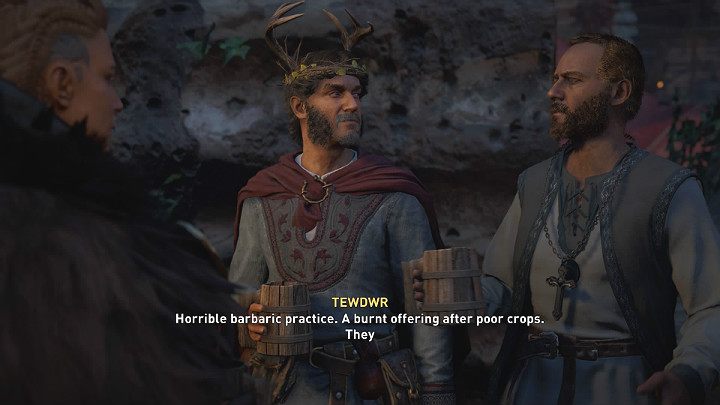 After a while you will be joined by Cynon, who will explain that he is to be sacrificed in a wicker giant as the King of Harvest, like Eladorman Simkin and everyone else who reigned before him - Assassins Creed Valhalla: The First Night of Samhain - walkthrough - Glowecestrescire - Assassins Creed Valhalla Guide