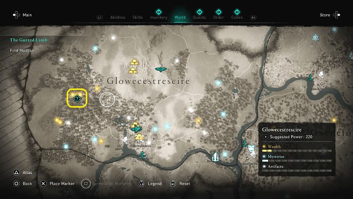 From Cynon you've learned, that Modron took Tewdwr to her temple in the Aelfwood forest - Assassins Creed Valhalla: The Gutted Lamb - Walkthrough - Glowecestrescire - Assassins Creed Valhalla Guide