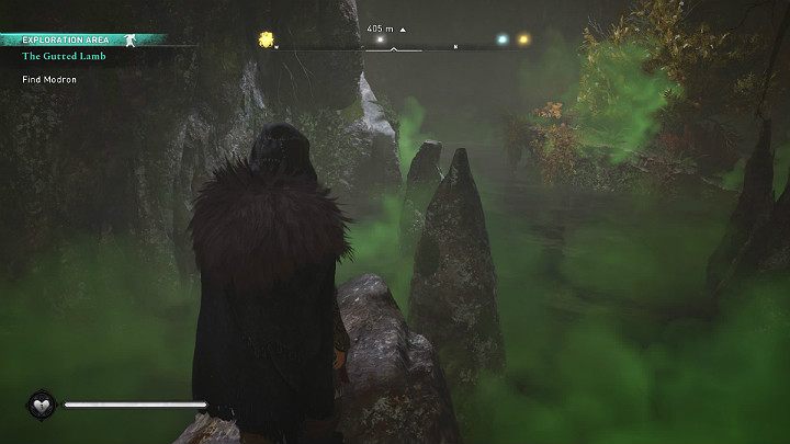 Jump over stalagmites and slide over the narrow ledge to walk through a cave filled with poisonous fumes - Assassins Creed Valhalla: The Gutted Lamb - Walkthrough - Glowecestrescire - Assassins Creed Valhalla Guide