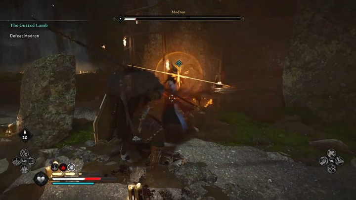 A yellow flash of runes indicates the vast majority of additional Modron's attacks - these can be blocked or warded off - Assassins Creed Valhalla: The Gutted Lamb - Walkthrough - Glowecestrescire - Assassins Creed Valhalla Guide