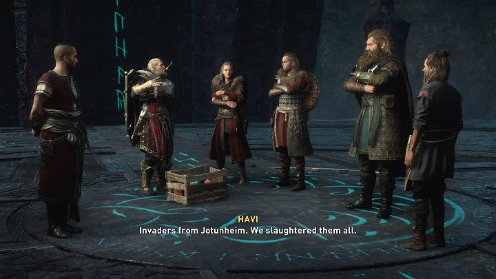 After the fight, pick up one of the crates with paint and bring it to the tower so you can paint the last rune of the protective barrier - Assassins Creed Valhalla: The Big Finish - walkthrough, description - Asgard - Assassins Creed Valhalla Guide