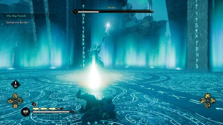 The Builder's second special attack is a frost energy beam that he can send across the arena floor - Assassins Creed Valhalla: The Big Finish - walkthrough, description - Asgard - Assassins Creed Valhalla Guide