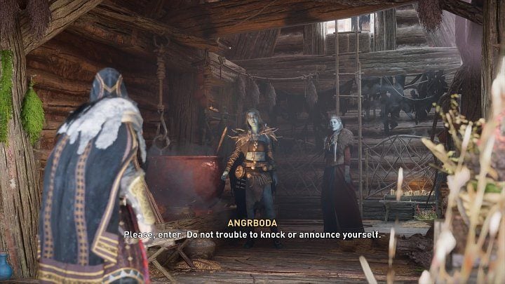 When you say you've come a long way to learn more about Jotun's magic and ways of transferring spirits between bodies, Hyrrokin will join the conversation and mention mead; Angrboda clearly doesn't like his jabber - Assassins Creed Valhalla: Mistress of the Iron Wood - walkthrough, description - Jotunheim - Assassins Creed Valhalla Guide