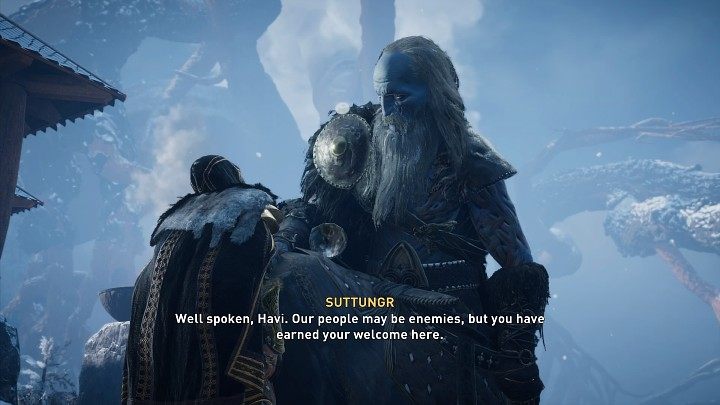 When you hand over to Suttungrow his cauldron, Jotun will change his attitude and start treating Eivor (Havi) respectfully - Assassins Creed Valhalla: A Feast to Remember - walkthrough - Jotunheim - Assassins Creed Valhalla Guide