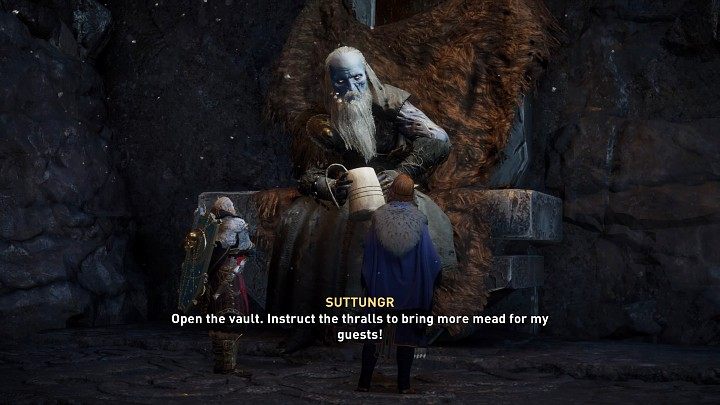 Once the cauldron is empty, Suttungr will instruct Gunlodr to open the vault and allow the servants to bring more mead for the guests - Assassins Creed Valhalla: A Feast to Remember - walkthrough - Jotunheim - Assassins Creed Valhalla Guide