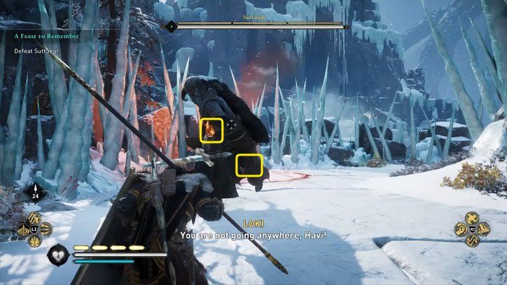 Suttungr is a formidable opponent with three weaknesses: his left knee, right elbow, and abdomen - Assassins Creed Valhalla: A Feast to Remember - walkthrough - Jotunheim - Assassins Creed Valhalla Guide