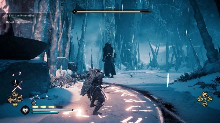 Watch out for special attacks that can throw icy shards onto the battlefield - these can severely injure Eivor (Havi) and slow his movements - Assassins Creed Valhalla: A Feast to Remember - walkthrough - Jotunheim - Assassins Creed Valhalla Guide