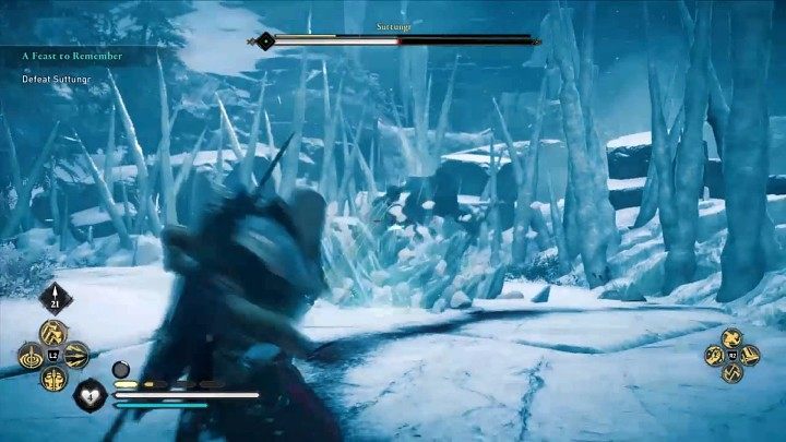 When the enemy's health drops below 50%, the boss will snatch one of the icicles and turn it into an axe with very long attack range - Assassins Creed Valhalla: A Feast to Remember - walkthrough - Jotunheim - Assassins Creed Valhalla Guide