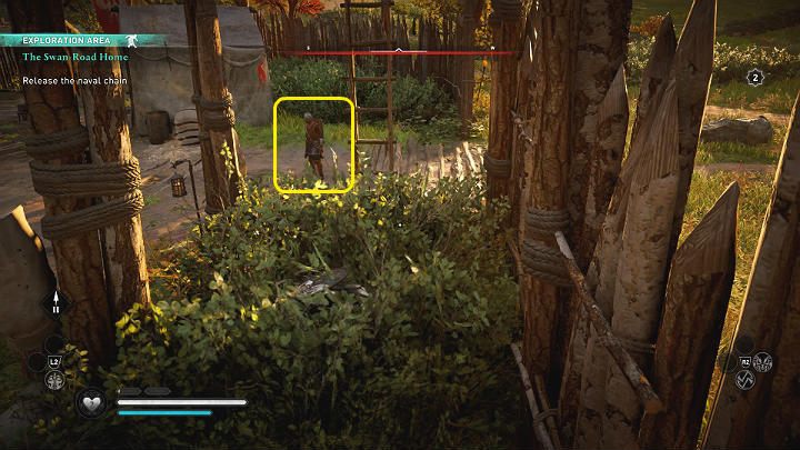 Stay in the bushes and approach the main entrance to the camp - Assassins Creed Valhalla: The Swan-Road Home walkthrough - Ledecestrescire - Assassins Creed Valhalla Guide