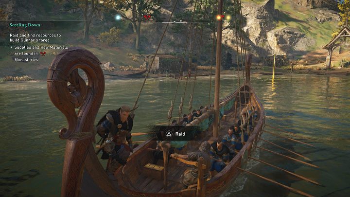 When you reach the shore, position yourself with the bow of the boat towards the yellow marker and start the raid - Assassins Creed Valhalla: Settling Down walkthrough - Ledecestrescire - Assassins Creed Valhalla Guide