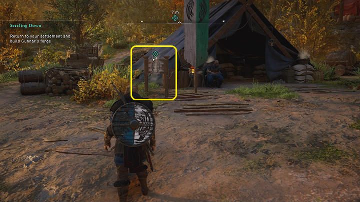 After returning to Ravensthorpe, approach the wooden board at Gunnar's booth and interact with it - Assassins Creed Valhalla: Settling Down walkthrough - Ledecestrescire - Assassins Creed Valhalla Guide