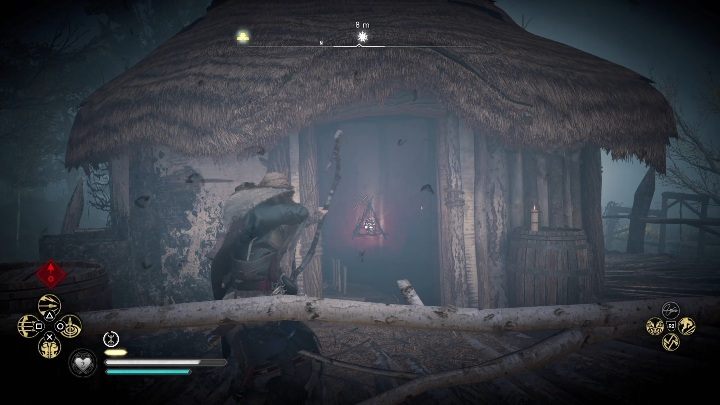 Location of the totem: to get to the totem, you have to break down the wooden door and then shoot towards the totem - Assassins Creed Valhalla: Cursed symbol - Grantebridgescire secrets, locations - Grantebridgescire - Assassins Creed Valhalla Guide