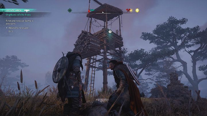 When the fight is over, climb up the wooden observation tower and help the man stand up - Assassins Creed Valhalla: Orphans of the Fens walkthrough - Grantebridgescire - Assassins Creed Valhalla Guide