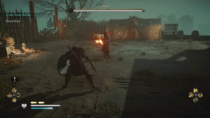 Rued also has one ranged attack and will try to hit you with a flaming weapon - Assassins Creed Valhalla: Rued boss fight - how to win? - Bosses - Assassins Creed Valhalla Guide