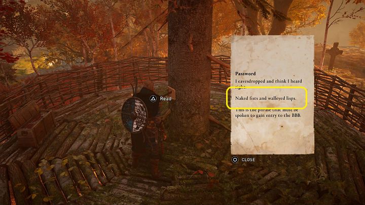 A sheet of paper was nailed to the tree and a password was written on it, which will pave your way to the interior of the crypt - Assassins Creed Valhalla: Of Fist-Dances and Sweaty Oaths walkthrough - Ledecestrescire - Assassins Creed Valhalla Guide