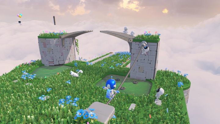 Climb the nearby staircase and follow the cable to the other side to collect 1 puzzle piece - Astros Playroom: Gusty Gateway - walkthrough - Meadow of Remembrance - Astros Playroom Guide