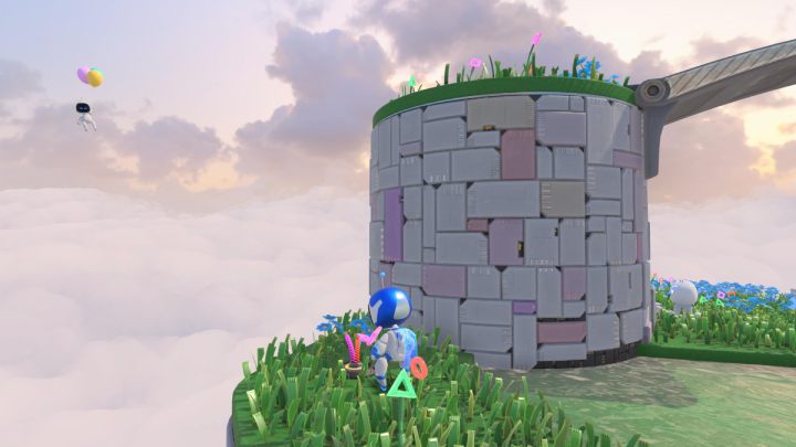 Jump down and start pulling on the cables sticking out of the grass - Astros Playroom: Gusty Gateway - walkthrough - Meadow of Remembrance - Astros Playroom Guide