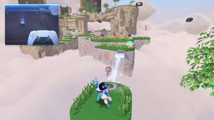 Go back upstairs and jump on the stairs next to the bots - Astros Playroom: Gusty Gateway - walkthrough - Meadow of Remembrance - Astros Playroom Guide