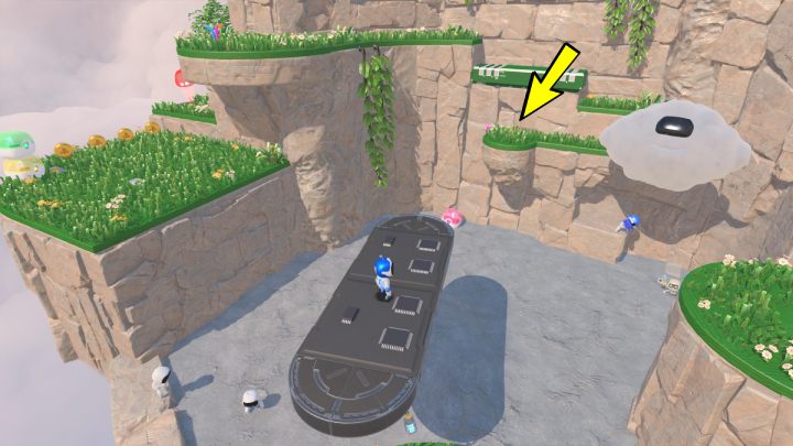 Jump on the platform and wait until it turns towards the cloud, then quickly fly to the stairs - Astros Playroom: Gusty Gateway - walkthrough - Meadow of Remembrance - Astros Playroom Guide