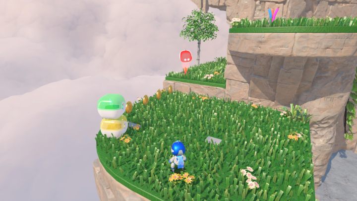 Jump down and get the coins from the yellow and green container - Astros Playroom: Gusty Gateway - walkthrough - Meadow of Remembrance - Astros Playroom Guide