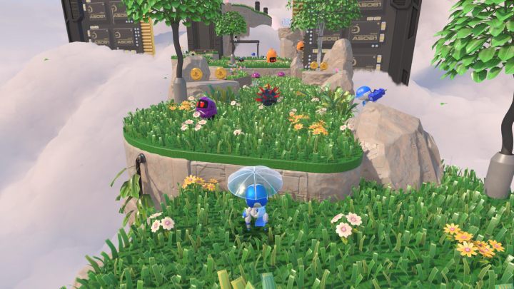 Walk around the windy cloud and collect all the coins and containers - Astros Playroom: Gusty Gateway - walkthrough - Meadow of Remembrance - Astros Playroom Guide