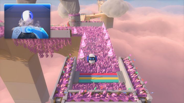 Roll from the grey platforms back onto the pink grass and follow the path to the left - Astros Playroom: Fastlane Fields - guide, walkthrough description - Memory Meadow - Astros Playroom Guide