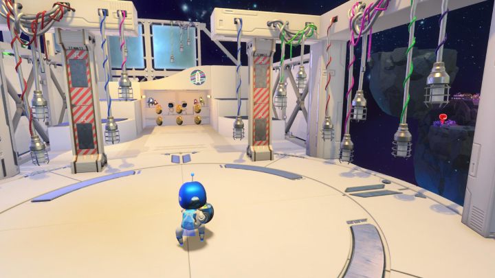 Deal with the next wave of enemies and smash the glass between the stairs to collect the coins - Astros Playroom: Deep Dataspace - walkthrough - SSD Highway - Astros Playroom Guide